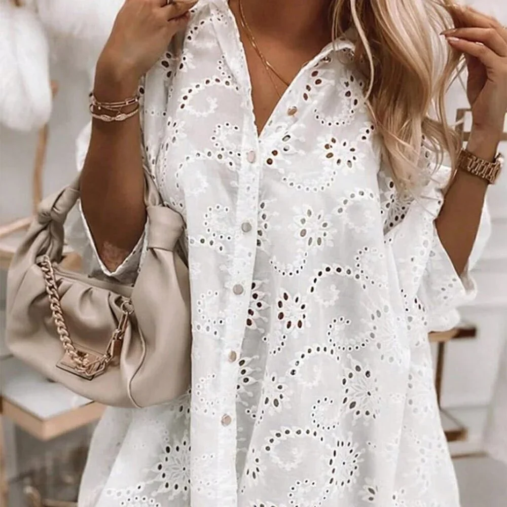 White Boho Women's Button-Front Long Sleeve Casual Blouse